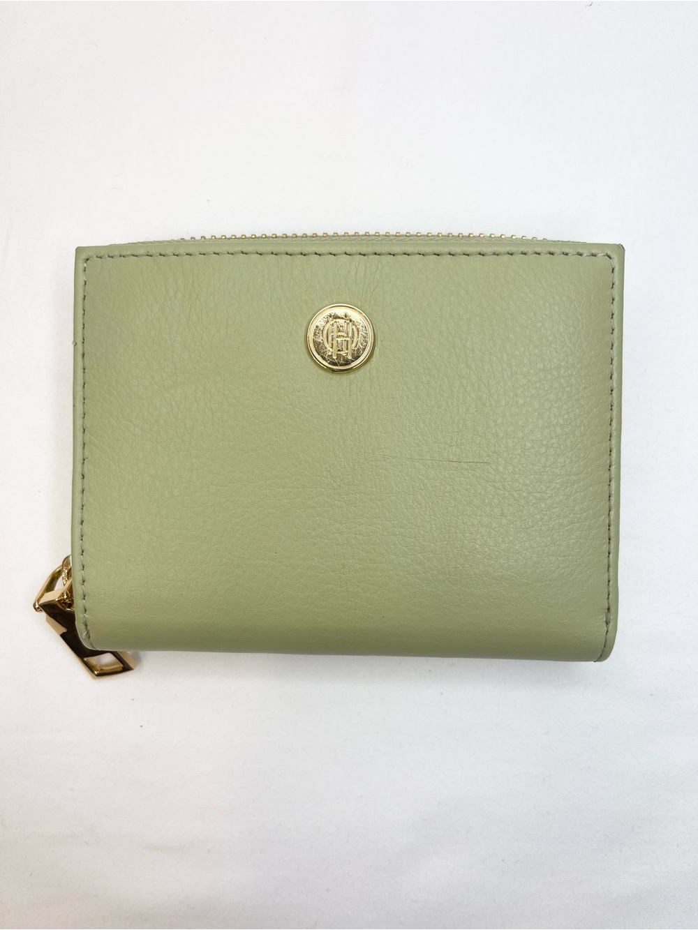 Tommy Hilfiger Leather Sage Green Wallet with Gold Emblem Like New